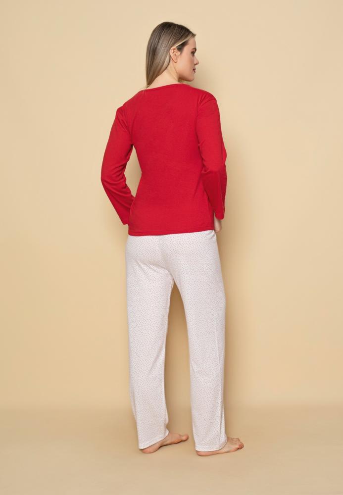 Pijama dama Serena-maneca lunga si pantalon lung, culoare rosu ,Engros